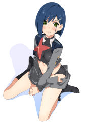 Rule 34 | 10s, 1girl, black panties, black socks, blue hair, blush, breasts, closed mouth, darling in the franxx, green eyes, grey jacket, grey skirt, hair ornament, ichigo (darling in the franxx), jacket, long sleeves, looking at viewer, medium breasts, navel, no shoes, open clothes, open jacket, open shirt, own hands together, panties, pleated skirt, senjitsu musou, shirt, short hair, skirt, socks, solo, underwear, white background