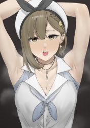 Rule 34 | 1girl, absurdres, armpits, arms up, asymmetrical hair, atelier (series), atelier ryza, atelier ryza 1, beret, blush, braid, breasts, brown eyes, brown hair, cleavage, commentary request, dark background, drop earrings, ear piercing, earrings, french braid, grey background, hair between eyes, hat, highres, jewelry, key, looking at viewer, medium breasts, neckerchief, necklace, nose blush, open mouth, piercing, presenting armpit, reisalin stout, shirt, short hair, simple background, sleeveless, sleeveless shirt, solo, steam, steaming body, tantanmen72, teeth, upper teeth only, white hat, white shirt
