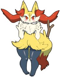Rule 34 | 1girl, animal ear fluff, animal ears, animal hands, animal nose, black fur, black outline, blush, body fur, braixen, chizi, claws, closed mouth, creatures (company), female focus, fox ears, fox girl, fox tail, full body, furry, furry female, game freak, gen 6 pokemon, hands up, happy, highres, looking at viewer, nintendo, outline, pigeon-toed, pokemon, pokemon (creature), red eyes, shiny skin, simple background, smile, solo, standing, stick, straight-on, tail, white background, white fur, wide hips, yellow fur