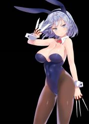 Rule 34 | 1girl, :&gt;, animal ears, bare shoulders, black background, black pantyhose, blue eyes, braid, breasts, covered navel, detached collar, fake animal ears, hairband, izayoi sakuya, knife, large breasts, leotard, mx2j, pantyhose, playboy bunny, rabbit ears, silver hair, simple background, smile, solo, touhou, twin braids, wrist cuffs