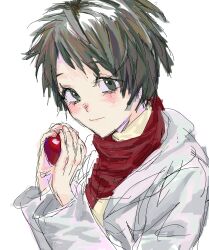 Rule 34 | 1girl, apple, closed mouth, food, fruit, green eyes, green hair, highres, holding, holding food, holding fruit, isoi rai, lab coat, long sleeves, red scarf, saibou shinkyoku, scarf, short hair, simple background, siqiulaozhang, sketch, smile, solo, sweater, turtleneck, turtleneck sweater, white background, yellow sweater