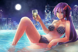 Rule 34 | 1girl, alcohol, arm support, bare shoulders, beach, bikini, bow, breasts, champagne, champagne flute, champagne glass, city, collarbone, commission, cup, drinking glass, eudetenis, full moon, glass, hair bow, holding, knee up, light smile, long hair, looking away, medium breasts, moon, navel, night, night sky, original, outdoors, partially submerged, pool, purple hair, reclining, red eyes, rooftop, side ponytail, signature, sky, skyline, solo, swimsuit, water, wet, wet hair