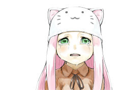 Rule 34 | 1girl, :3, aged down, animal ears, animal hat, blush, cat hat, crying, crying with eyes open, face, green eyes, hat, long hair, megurine luka, megurine luka (toeto), pink hair, shiba itsuki, simple background, snot, solo, tears, toeto (vocaloid), twintails, vocaloid, whiskers, white background