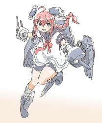 Rule 34 | 1girl, adapted turret, ahoge, bandaged arm, bandages, blush, bodysuit, braid, commentary request, dress, full body, gradient background, gun, hair between eyes, headgear, highres, holding, holding weapon, kantai collection, leg up, long hair, looking at viewer, machinery, nenohi (kancolle), open mouth, pink hair, poyo (hellmayuge), purple eyes, red neckwear, rigging, round teeth, rudder footwear, sailor collar, sailor dress, school uniform, serafuku, short sleeves, shorts, shorts under skirt, single braid, smile, teeth, thick eyebrows, torpedo launcher, torpedo tubes, turret, weapon