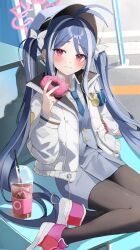 Rule 34 | 1girl, antenna hair, black pantyhose, blue archive, blue hair, blue hat, blue necktie, blue skirt, blue vest, blush, closed mouth, doughnut, food, fubuki (blue archive), grey hair, halo, hat, highres, holding, holding food, jacket, kim leeyoon, long hair, long sleeves, looking at viewer, multicolored hair, necktie, open clothes, open jacket, pantyhose, peaked cap, pink footwear, pink halo, red eyes, shoes, skirt, solo, twintails, vest, white jacket