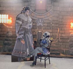 Rule 34 | 1boy, 1girl, armlet, au ra, bare shoulders, blue eyes, blue shirt, blue skirt, bracelet, cardboard cutout, chair, colored skin, commentary, crop top, crossed arms, crossed legs, curled horns, dragon girl, dragon horns, dragon tail, final fantasy, final fantasy xiv, from side, full body, grey skin, highres, horn ornament, horn ribbon, horn ring, horns, indoors, jewelry, magnai oronir, medium hair, navel, on chair, open mouth, photo background, ribbon, rolling eyes, sadu dotharl, sandals, scales, shirt, sitting, skirt, tail, toeless footwear, wavy hair, white hair, ymmt (yamamoto)