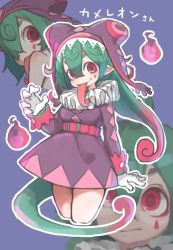 Rule 34 | 1girl, collar, dress, facial mark, female focus, frilled collar, frills, gloves, green hair, hat, highres, lizard tail, long hair, long tongue, monster girl, multicolored hair, pointy ears, red eyes, smile, solo, tail, tongue, tongue out, zizi niisan