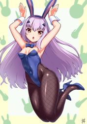 Rule 34 | 1girl, animal ears, arms up, blue bow, blush, bow, bowtie, collar, detached collar, melusine (fate), fake animal ears, fate/grand order, fate (series), fishnet pantyhose, fishnets, guriguri (arayotto4351), high heels, highleg, highleg leotard, highres, jumping, leotard, long hair, looking at viewer, open mouth, pantyhose, playboy bunny, rabbit ears, solo, strapless, strapless leotard, white collar, wrist cuffs, yellow eyes