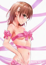 Rule 34 | 1girl, arm ribbon, blush, bow, breasts, brown eyes, closed mouth, collarbone, commentary request, flower, from side, hair flower, hair ornament, isshi pyuma, looking at viewer, looking to the side, military, military uniform, misaka mikoto, naked ribbon, naval uniform, pink bow, profile, ribbon, short hair, sideways glance, small breasts, smile, solo, stomach, toaru kagaku no railgun, toaru majutsu no index, twitter username, underboob, uniform, upper body, white flower