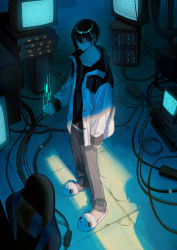 Rule 34 | 1boy, animal slippers, black hair, blue theme, cable, chair, closed mouth, crack, cracked floor, dog slippers, ear piercing, gaming chair, glitch, grey pants, hair between eyes, highres, indoors, jacket, long sleeves, lowro (en), male focus, mayuzumi kai, nijisanji, pants, piercing, shirt, slippers, solo, standing, swivel chair, television, virtual youtuber