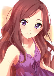 Rule 34 | 10s, 1girl, absurdres, aikatsu! (series), aikatsu stars!, bare shoulders, blush, breasts, brown hair, closed mouth, highres, kasumi yozora, lens flare, lingerie, long hair, looking at viewer, negligee, purple eyes, reaching, reaching towards viewer, sekina, selfie, small breasts, smile, solo, underwear, upper body