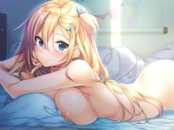 Rule 34 | 1girl, aikagi 2 (azarashi soft), ass, azarashi soft, bed, blonde hair, blue eyes, blush, breast press, breasts, closed mouth, day, eyelashes, game cg, gintarou (kurousagi108), hair between eyes, head rest, highres, indoors, large breasts, long hair, looking at viewer, lying, nipples, nude, on bed, on stomach, pillow, smile, solo, sumeragi ayano, two side up