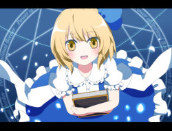 Rule 34 | 1girl, 60mai, alice margatroid, alice margatroid (pc-98), bad id, bad pixiv id, blonde hair, blush, book, female focus, hair ribbon, letterboxed, magic circle, open mouth, puffy sleeves, ribbon, short hair, short sleeves, solo, touhou, touhou (pc-98), yellow eyes