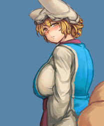 Rule 34 | 1girl, animal hat, blonde hair, blue background, blush, breasts, chanta (ayatakaoisii), dress, extra ears, fox tail, from behind, hat, highres, large breasts, long sleeves, looking at viewer, looking back, mob cap, multiple tails, mob cap, short hair, simple background, smile, solo, tabard, tail, touhou, upper body, white dress, wide sleeves, yakumo ran