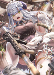 Rule 34 | 1girl, apron, assault rifle, black dress, blue hair, blunt bangs, breasts, commentary request, cup, dress, facial mark, from below, girls&#039; frontline, green eyes, gun, h&amp;k hk416, highres, hk416 (girls&#039; frontline), holding, holding cup, holding gun, holding weapon, large breasts, light blue hair, looking at viewer, looking down, maid apron, maid headdress, neck ribbon, open mouth, out of frame, pov, ribbon, rifle, sabakuomoto, solo focus, suppressor, teardrop facial mark, thighhighs, weapon, white thighhighs