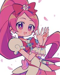 Rule 34 | 1girl, :d, bad id, bad twitter id, bow, brooch, choker, cowboy shot, cure blossom, dress, earrings, hanasaki tsubomi, hands up, heart, heart brooch, heartcatch precure!, high ponytail, highres, inactive account, jewelry, long hair, looking at viewer, magical girl, open mouth, own hands together, petals, pink bow, pink eyes, pink hair, ponytail, precure, puffy short sleeves, puffy sleeves, short sleeves, smile, solo, standing, swept bangs, umipi, white background, wrist cuffs