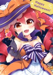 Rule 34 | :d, bad id, bad pixiv id, basket, black gloves, blush, bow, breasts, candy, capelet, cleavage, cross, cross earrings, earrings, english text, fang, food, gloves, hair between eyes, halloween, happy halloween, hat, highres, holding, jewelry, leaning to the side, lollipop, looking at viewer, medium breasts, open mouth, orange eyes, original, red hair, sanotsuki, smile, solo, sparkle, speech bubble, star (symbol), striped, striped bow, twintails, witch, witch hat