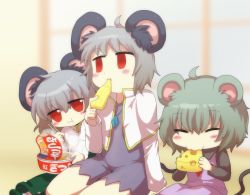 Rule 34 | 3girls, :t, animal ears, blush stickers, cheese, chopsticks, closed eyes, cookie (touhou), cup ramen, eating, fake nyon (cookie), food, grey hair, highres, instant udon, kitsune udon, kofji (cookie), maruchan akai kitsune udon, mouse ears, multiple girls, namatama (7lemo can), nazrin, noodles, nyon (cookie), red eyes, sitting, touhou, udon