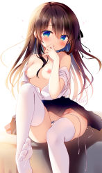 Rule 34 | 1girl, :o, bare shoulders, black skirt, blue eyes, blush, bow, bow panties, breasts, brown hair, commentary request, dress shirt, female focus, green eyes, groin, hair between eyes, hand to own mouth, hand up, heart, highres, long hair, looking at viewer, medium breasts, multicolored eyes, nipples, no shoes, off shoulder, original, panties, parted lips, pleated skirt, sasai saji, shirt, short sleeves, side-tie panties, skirt, soles, solo, thighhighs, underwear, untied panties, very long hair, white background, white panties, white shirt, white thighhighs
