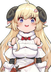 Rule 34 | 1girl, :d, ahoge, bare shoulders, blonde hair, blush, bow, bowtie, breasts, curled horns, hair ornament, hairclip, highres, hololive, horns, large breasts, looking at viewer, mikan (chipstar182), open mouth, portrait, purple eyes, red bow, red bowtie, sheep horns, shirt, simple background, smile, solo, teeth, tsunomaki watame, tsunomaki watame (1st costume), upper teeth only, virtual youtuber, white background, white shirt, wide-eyed