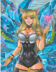 Rule 34 | 1girl, 2020, absurdres, ahri (league of legends), animal ears, bare shoulders, black choker, black thighhighs, blonde hair, bracelet, breasts, choker, cleavage, cowboy shot, earrings, facial mark, female focus, finger heart, fox ears, fox tail, heart, heart choker, highres, jewelry, k/da (league of legends), k/da ahri, large breasts, league of legends, long hair, multiple tails, orange eyes, ravernclouk design, riot games, smile, solo, tail, thick thighs, thighhighs, thighs, traditional media, very long hair, whisker markings