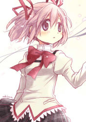 Rule 34 | 1girl, aoki ume, arm at side, arm up, artist name, blush, breasts, commentary request, dot nose, expressionless, floating hair, hair between eyes, hair ribbon, high collar, juliet sleeves, kaname madoka, light particles, long sleeves, looking away, looking up, mahou shoujo madoka magica, mahou shoujo madoka magica (anime), mitakihara school uniform, neck ribbon, official art, parted lips, pink hair, plaid, plaid skirt, pleated skirt, puffy sleeves, purple eyes, red ribbon, ribbon, school uniform, shaded face, short twintails, simple background, skirt, small breasts, solo, twintails, uniform, upper body, white background