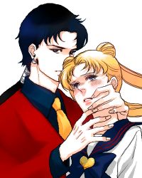 Rule 34 | 1990s (style), 1boy, 1girl, bishoujo senshi sailor moon, bishoujo senshi sailor moon sailor stars, black hair, blonde hair, blue bow, blue sailor collar, blush, bow, brooch, embarrassed, formal, hakari1909, hands on another&#039;s face, heart, heart brooch, jewelry, juuban high school uniform, looking at viewer, lowres, necktie, parted lips, ponytail, retro artstyle, sailor collar, school uniform, seiya kou, serafuku, serious, tsukino usagi, twintails, white background