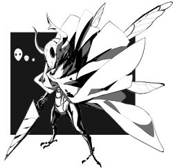 Rule 34 | absurdres, arthropod boy, cloak, fake horns, greyscale, helmet, highres, holding, holding sword, holding weapon, hollow knight, horned helmet, insect wings, knight (hollow knight), makai, monochrome, redesign, sword, two-tone background, weapon, wings