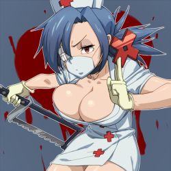 Rule 34 | 1girl, bad id, bad pixiv id, blue hair, breasts, cleavage, eyepatch, female focus, hat, holding, huge breasts, mask, mouth mask, nurse, nurse cap, saw, short hair, skullgirls, solo, surgical mask, tenchisouha, valentine (skullgirls)