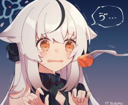 Rule 34 | 1girl, animal ear fluff, animal ears, black ribbon, blue archive, blue background, blush, brown eyes, commentary, food, fork, gradient background, grey hair, hair ribbon, halo, hands up, highres, kokona (blue archive), long hair, parted lips, ribbon, signature, solo, speech bubble, suzu (alpha diamant), tears, translation request, trembling, wavy mouth