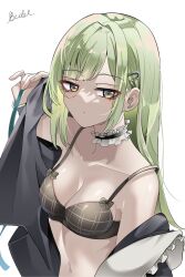 1girl absurdres artist_name bang_dream! bang_dream!_it&#039;s_mygo!!!!! bare_shoulders black_bra black_choker bra breasts choker cleavage closed_mouth collarbone commentary_request dated_commentary frilled_choker frills green_hair hair_ornament hairclip hand_up highres jacket korean_commentary long_hair long_sleeves looking_at_viewer medium_breasts navel off_shoulder open_clothes open_jacket patpang signature simple_background stomach underwear upper_body wakaba_mutsumi white_background yellow_eyes