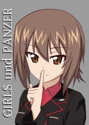 1girl absurdres bb_(t12j076bt) black_jacket brown_eyes brown_hair collared_shirt finger_to_mouth girls_und_panzer grey_background hat highres jacket kuromorimine_military_uniform light_smile nishizumi_maho red_shirt shirt short_hair smile unworn_hat unworn_headwear