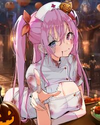 Rule 34 | 1girl, absurdres, arm under breasts, blood, blood from mouth, blood on clothes, blood on face, bow, breasts, cleavage, grey hair, hair bow, halloween, hand up, hat, heterochromia, highres, jack-o&#039;-lantern, large breasts, leaning forward, mappaninatta, nurse, nurse cap, orange bow, original, patchwork skin, pink hair, purple eyes, red eyes, short sleeves, solo, stitches, twintails
