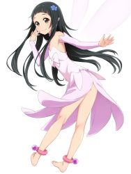Rule 34 | 10s, 1girl, anklet, bare shoulders, barefoot, black hair, blunt bangs, blush, brown eyes, detached sleeves, dress, fairy, fairy wings, feet, flat chest, flower, from behind, hair ornament, highres, jewelry, kimagure blue, legs, long hair, looking back, pointy ears, smile, solo, sword art online, wings, yui (sao), yui (sao-alo)