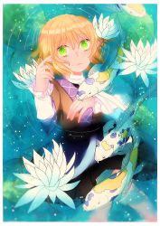 Rule 34 | 1girl, arm warmers, black shirt, black skirt, blonde hair, blush, border, brown jacket, commentary, commentary request, cowboy shot, eyes visible through hair, fish, flower, green eyes, hand up, highres, jacket, koi, layered clothes, lily pad, looking at viewer, mizuhashi parsee, multicolored clothes, partially submerged, pointy ears, ribbon-trimmed skirt, ribbon trim, ripples, scarf, shirt, short hair, short sleeves, skirt, solo, toraneko 2, touhou, water, white flower, white scarf