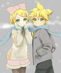 Rule 34 | 1boy, 1girl, aqua eyes, blonde hair, blue scarf, commentary, cowboy shot, from side, fur-trimmed shorts, fur trim, grey background, grey jacket, grin, hair ribbon, hands in pockets, hands on own cheeks, hands on own face, jacket, kagamine len, kagamine rin, kikuchi mataha, long scarf, looking at viewer, pantyhose, pink ribbon, pink shorts, ribbon, scarf, shared clothes, shared scarf, short hair, short ponytail, shorts, smile, snowflakes, snowing, spiked hair, standing, sweater, swept bangs, vocaloid, white sweater