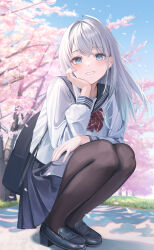Rule 34 | 1girl, absurdres, arm support, bag, black bag, black collar, black footwear, black pantyhose, blue eyes, blue hair, blue skirt, bow, bowtie, cherry blossoms, collar, day, falling petals, fujizarashi, full body, gradient hair, hand on own thigh, highres, light blue hair, loafers, long hair, long sleeves, looking away, mole, mole under eye, multicolored hair, open mouth, original, outdoors, pantyhose, petals, pleated skirt, sailor collar, school bag, school uniform, shirt, shoes, skirt, sky, sleeve cuffs, smile, solo, squatting, thighs, white hair, white shirt