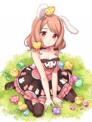 Rule 34 | ..., 1girl, animal ears, animal print, bad id, bad pixiv id, bare arms, bare shoulders, bird, black thighhighs, breasts, brown hair, chick, cleavage, collarbone, easter, easter egg, egg, hatching, large breasts, looking at viewer, maki (natoriumu), md5 mismatch, original, rabbit ears, rabbit print, rabbit tail, red eyes, shirt, sitting, skirt, sleeveless, solo, tail, thighhighs, thighs, too many, too many birds, too many chicks, v arms, wariza, zettai ryouiki
