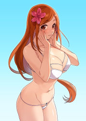 Rule 34 | 1girl, absurdres, bikini, bleach, blue background, blush, breasts, brown eyes, brown hair, closed mouth, flower, gradient background, hair flower, hair ornament, hands on own cheeks, hands on own face, has bad revision, has downscaled revision, highres, inoue orihime, large breasts, long hair, looking at viewer, md5 mismatch, micro bikini, navel, onimoti, pink flower, resolution mismatch, solo, source smaller, string bikini, swimsuit, white bikini