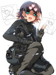 Rule 34 | 1boy, 1girl, ammunition pouch, assault rifle, blue eyes, boots, camera, drooling, fingerless gloves, gloves, gun, heart, highres, kneeling, lie ren, load bearing equipment, m4 carbine, night-vision device, nora valkyrie, on one knee, pouch, red hair, rifle, rwby, short hair, tactical clothes, v, weapon