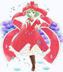 Rule 34 | 1girl, boots, bow, brown footwear, dress, flower, frilled bow, frilled dress, frilled ribbon, frills, front ponytail, full body, green eyes, green hair, highres, kagiyama hina, lifting own clothes, long ribbon, puffy short sleeves, puffy sleeves, red bow, red dress, red ribbon, ribbon, short sleeves, smile, solo, standing, touhou, user xycd7758, water drop