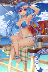 Rule 34 | 1girl, :o, ahoge, anklet, arm up, armband, armpits, barefoot, bikini, blue hair, breasts, choker, cloud, crossed legs, day, earrings, feet, female focus, front-tie bikini top, front-tie top, full body, hair ribbon, innertube, jewelry, large breasts, lifeguard, lifeguard chair, loneteel, long hair, luthica preventer, navel, red eyes, ribbon, shading eyes, shiny skin, side-tie bikini bottom, sitting, sky, solo, strap gap, swim ring, swimsuit, sword girls, tareme, twintails, very long hair, watch, water, whistle, wristwatch