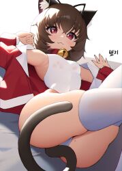 Rule 34 | 1girl, :3, animal ear fluff, animal ears, arm up, armpits, ass, bare shoulders, bell, breasts, brown hair, cat ears, cat girl, cat tail, closed mouth, collar, commission, covered navel, fang, highleg, highleg swimsuit, highres, jacket, jingle bell, legs up, long sleeves, looking at viewer, lying, mole, mole on ass, mole under eye, off shoulder, on back, one-piece swimsuit, open clothes, open jacket, original, prunechi, reclining, red collar, red eyes, red jacket, sbgu, second-party source, see-through, short hair, simple background, skindentation, small breasts, smile, solo, swimsuit, tail, thighhighs, thighs, wet, wet clothes, wet swimsuit, white background, white one-piece swimsuit, white thighhighs