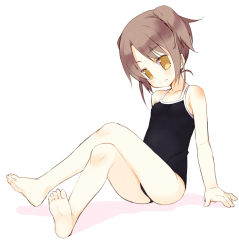 Rule 34 | 1girl, arm support, ass, barefoot, blush, brown eyes, brown hair, child, competition school swimsuit, fang, feet, flat chest, full body, legs, leotard, meito (maze), one-piece swimsuit, original, school swimsuit, smile, soles, solo, swimsuit