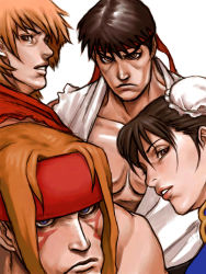 Rule 34 | 1girl, 3boys, alex (street fighter), bare pectorals, brown eyes, brown hair, capcom, chun-li, closed mouth, commentary request, duplicate, facial mark, hair bun, headband, ken masters, lips, looking at viewer, multiple boys, orange hair, parted lips, pectorals, pixel-perfect duplicate, red headband, ryu (street fighter), serious, simple background, single hair bun, street fighter, street fighter iii (series), takasugi kou, torn, torn clothes, upper body, white background