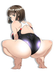 Rule 34 | 1girl, ass, bare shoulders, barefoot, breasts, brown hair, competition swimsuit, curvy, feet, full body, hands on feet, highres, huge ass, large breasts, looking back, narrow waist, one-piece swimsuit, original, plump, satsuki imonet, short hair, simple background, soles, solo, squatting, swimsuit, thick thighs, thighs, white background, wide hips