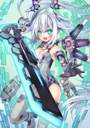Rule 34 | &gt;:d, 10s, 1girl, :d, aiming, aiming at viewer, aqua eyes, bad id, bad pixiv id, bare shoulders, black gloves, black heart (neptunia), blush, bracer, breasts, cleavage, cleavage cutout, clothing cutout, commentary, floating, floating hair, floating object, foreshortening, gloves, headgear, highres, holding, holding weapon, huge weapon, jpeg artifacts, leotard, long hair, looking at viewer, magical girl, neon trim, neptune (series), noire (neptunia), open mouth, outstretched arm, smile, solo, sword, sxbzero, thighhighs, turtleneck, twintails, v-shaped eyebrows, very long hair, weapon, white hair