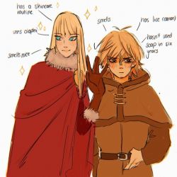 Rule 34 | 2boys, androgynous, arm up, belt, blonde hair, blue eyes, brown eyes, buckle, canute, cape, closed mouth, english text, eyebrows, fur trim, gloves, hair between eyes, long hair, looking to the side, male focus, multiple boys, prince, simple background, sparkle, thorfinn, viking, vinland saga, yugiohz