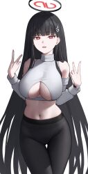 Rule 34 | 1girl, bare shoulders, black hair, blue archive, blunt bangs, breasts, bright pupils, clothing cutout, commentary request, cowboy shot, cropped sweater, detached sleeves, double v, grey sweater, halo, highres, large breasts, long hair, looking at viewer, mechanical halo, midriff, mizoshi-x, navel, panties, panties under pantyhose, pantyhose, parted lips, red eyes, ringed eyes, rio (blue archive), simple background, solo, standing, sweater, turtleneck, turtleneck sweater, underboob, underboob cutout, underwear, v, very long hair, watch, white background, white pupils, wristwatch