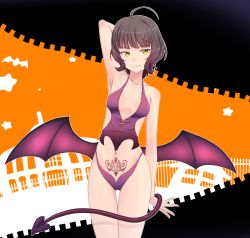 Rule 34 | 1girl, ahoge, alternate costume, arm at side, arm behind head, arm up, armpits, bat (animal), bat wings, black hair, blush, breasts, breasts apart, closed mouth, collarbone, cowboy shot, demon girl, demon tail, gluteal fold, halloween, highres, kantai collection, kishinami (kancolle), kyou (tr-6), looking at viewer, low wings, multicolored background, navel, partially unzipped, pubic tattoo, purple vest, purple wings, seductive smile, short hair, smile, solo, star (symbol), stomach, tail, tattoo, thong, vest, wings, yellow eyes, zipper pull tab